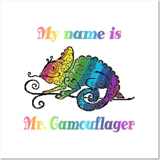 Colorful Chameleon Design with Mosaic Stripes and Rainbow Title "My Name is Mr. Camouflager" Posters and Art